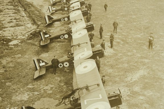 Royal Air Force S.E. 5 fighters lined up for patrol, from Ralston’s scrapbook. Ralston flew an S.E. 5 with the RAF’s 85th Squadron before flying a Sopwith Camel for the 148th American Squadron.