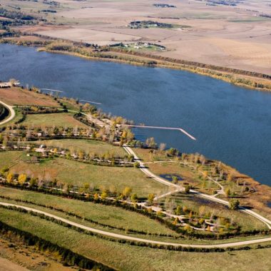 Aerial view of Willow Creek Reservoir.