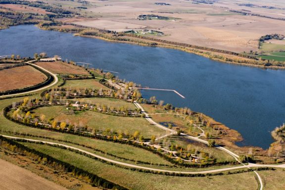 Aerial view of Willow Creek Reservoir.