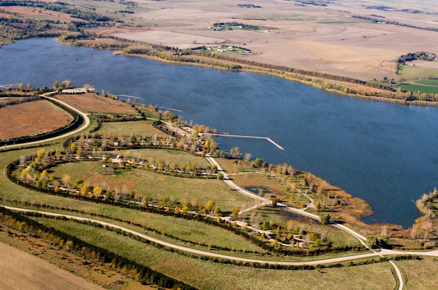 Aerial view of Willow Creek Reservoir.