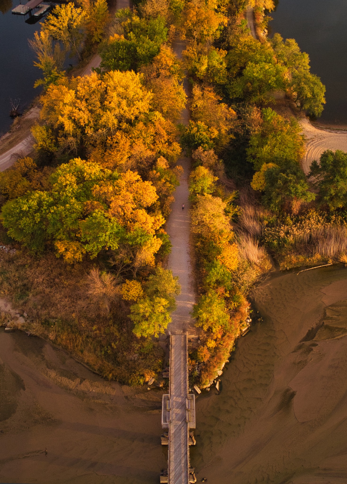 Drone image of bridge in fall. 