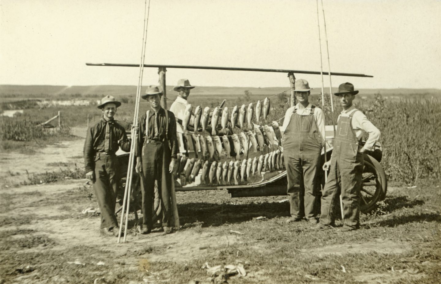 Black and white photo of men standing near stringers of fish.