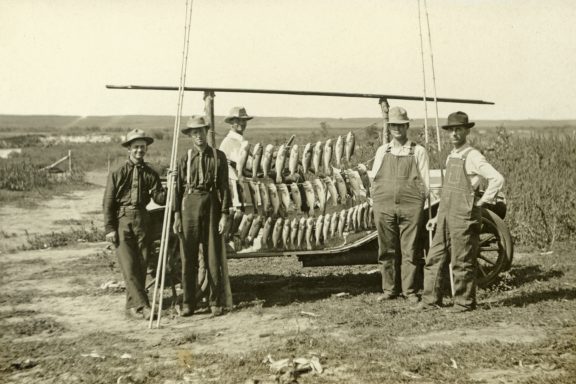 Black and white photo of men standing near stringers of fish.