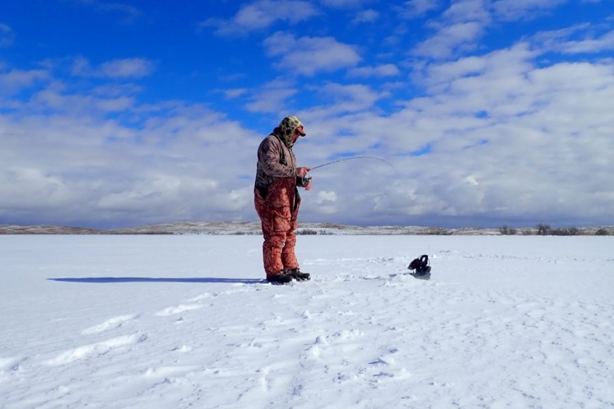 Angler on ice, fish on the line.