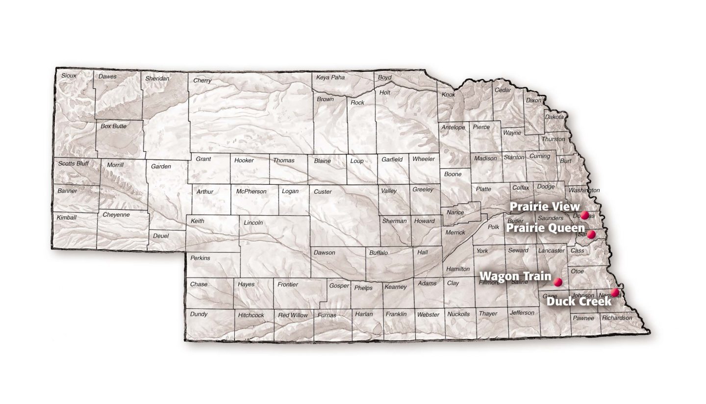 Map of Nebraska showing Duck Creek, Wagon Train, Prairie Queen and Prairie View lakes.