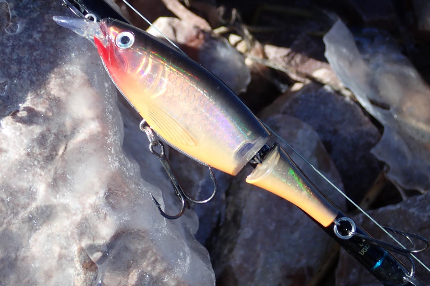 Gold fishing lure on rocks.