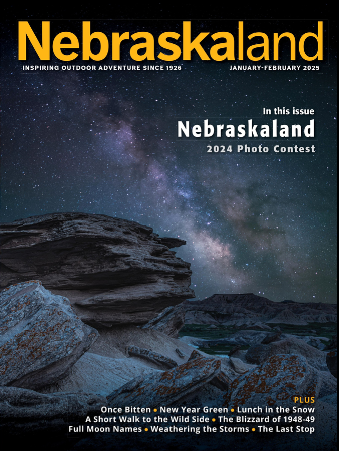 January-February 2025 cover of Nebraskaland Magazine featuring a night scene from Toadstool Geological Park