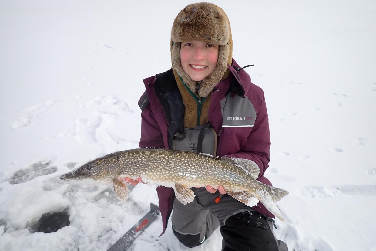 Ice angler holding a northern pike.