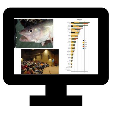 Graphic showing a computer screen with fish, a graph, and a public meeting.