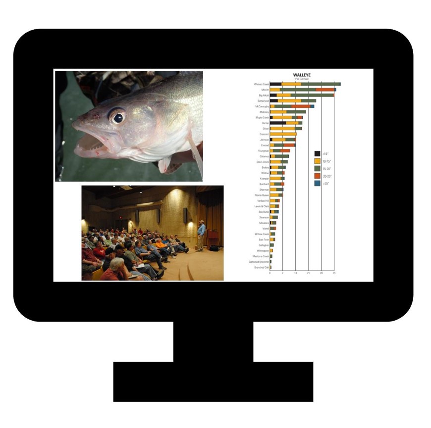 Graphic showing a computer screen with fish, a graph, and a public meeting.