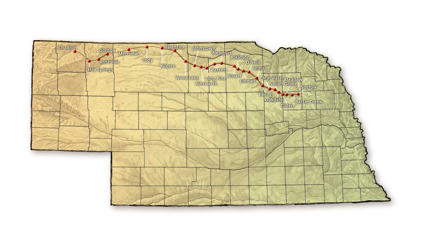 The Cowboy Trail has two completed sections: Norfolk to Valentine, then Gordon to Rushville (solid line). Not yet completed: Valentine to Gordon, and Rushville to Chadron (dotted line).