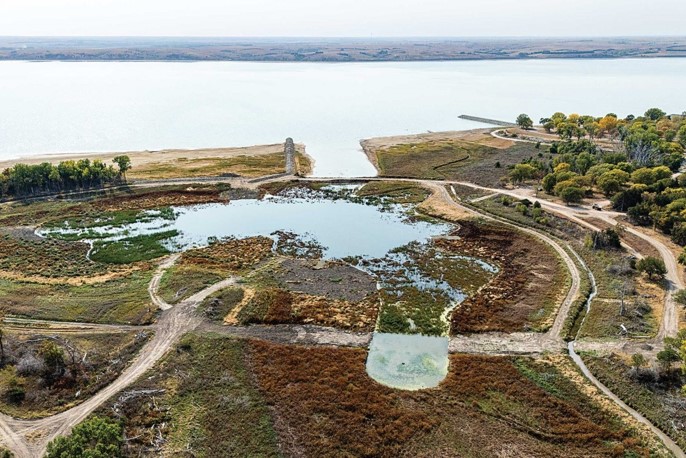 Aerial view of Methodist Cove, Harlan County Reservoir. Photo by Eric Fowler, Nebraskaland Magazine.