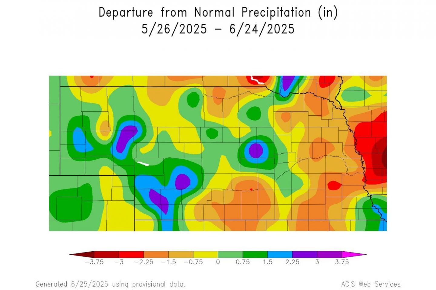 Graphical map showing departure from normal precipitation in Nebraska over the past thirty days.