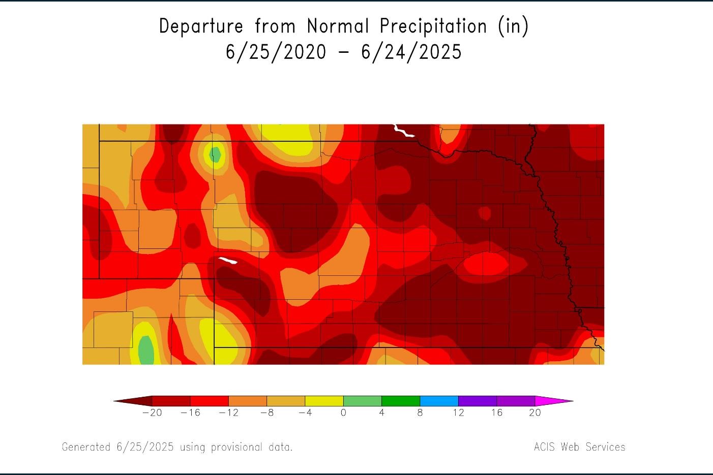 Graphical map showing departure from normal precipitation over the past 60 months.