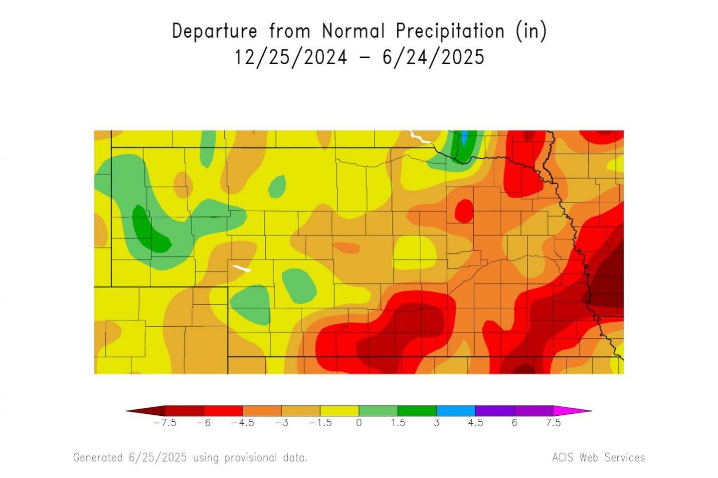 Graphical map showing departure from normal precipitation in Nebraska over the past six months.