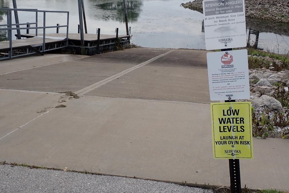 Boat ramp with water level just at the end of the ramp.  Photo by Daryl Bauer, Nebraska Game & Parks Commission.