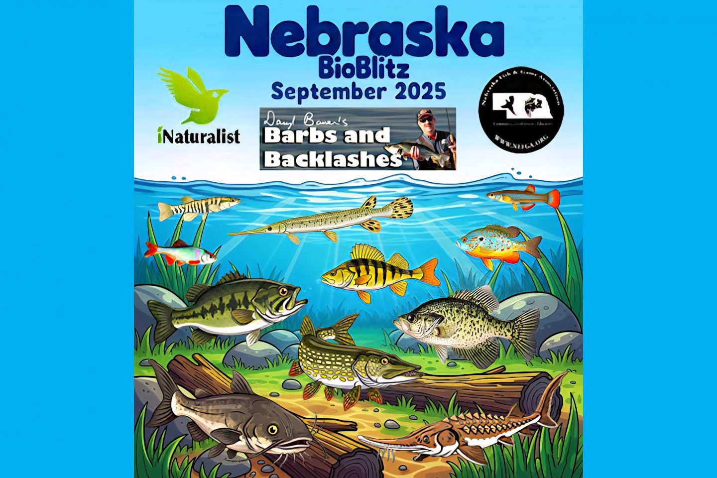 Poster for Nebraska fish BioBlitz, September 2025.  Photo by John Vrtiska.