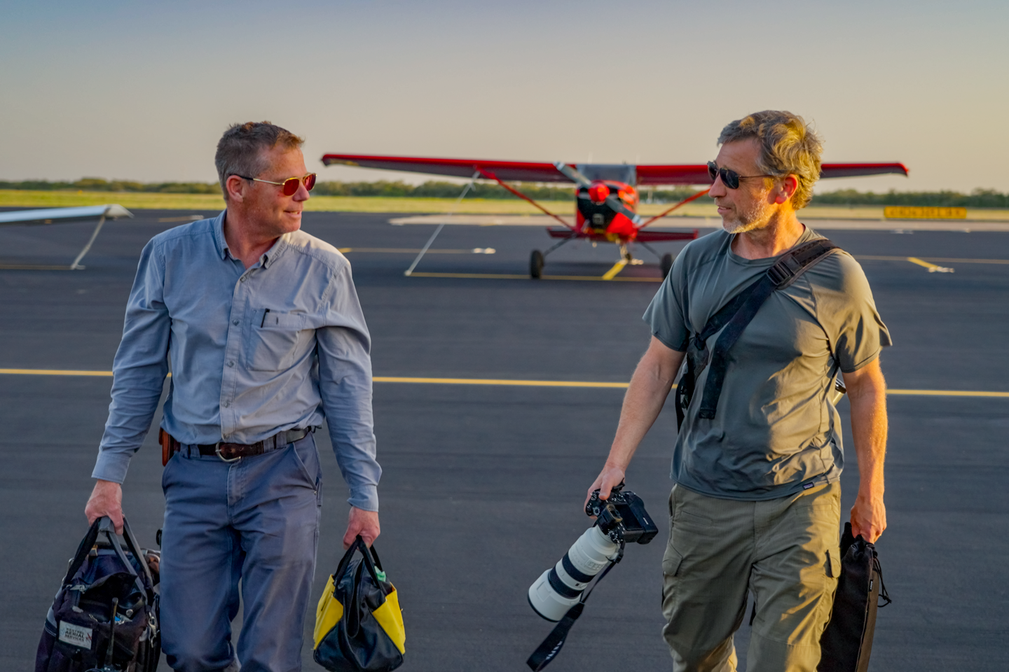 Pilot Chris Boyer and Michael Forsberg at the Aransas County Airport in Texas.