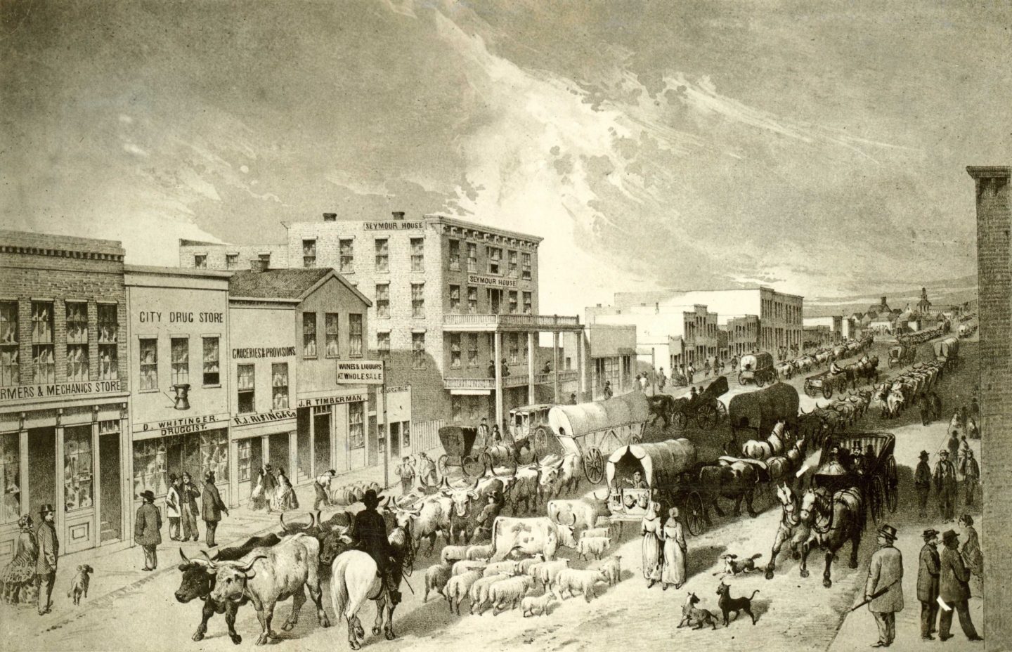 Illustration of freighting in Nebraska City, 1865.