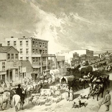 Illustration of freighting in Nebraska City, 1865.