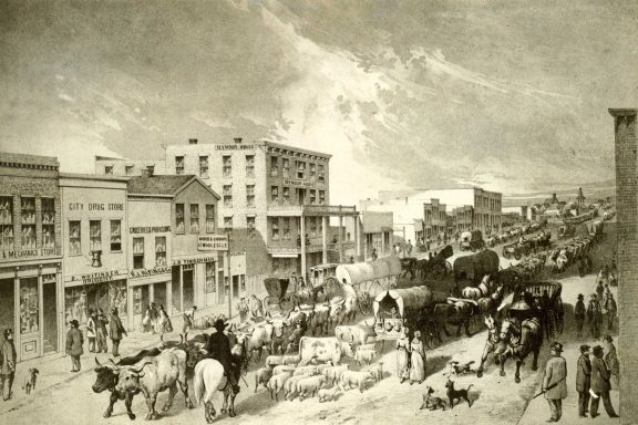 Illustration of freighting in Nebraska City, 1865.