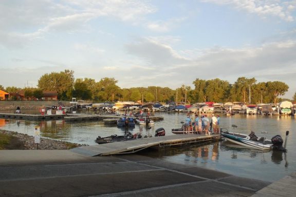 Busy boat dock at Weigand Marina, Lewis & Clark Reservoir.