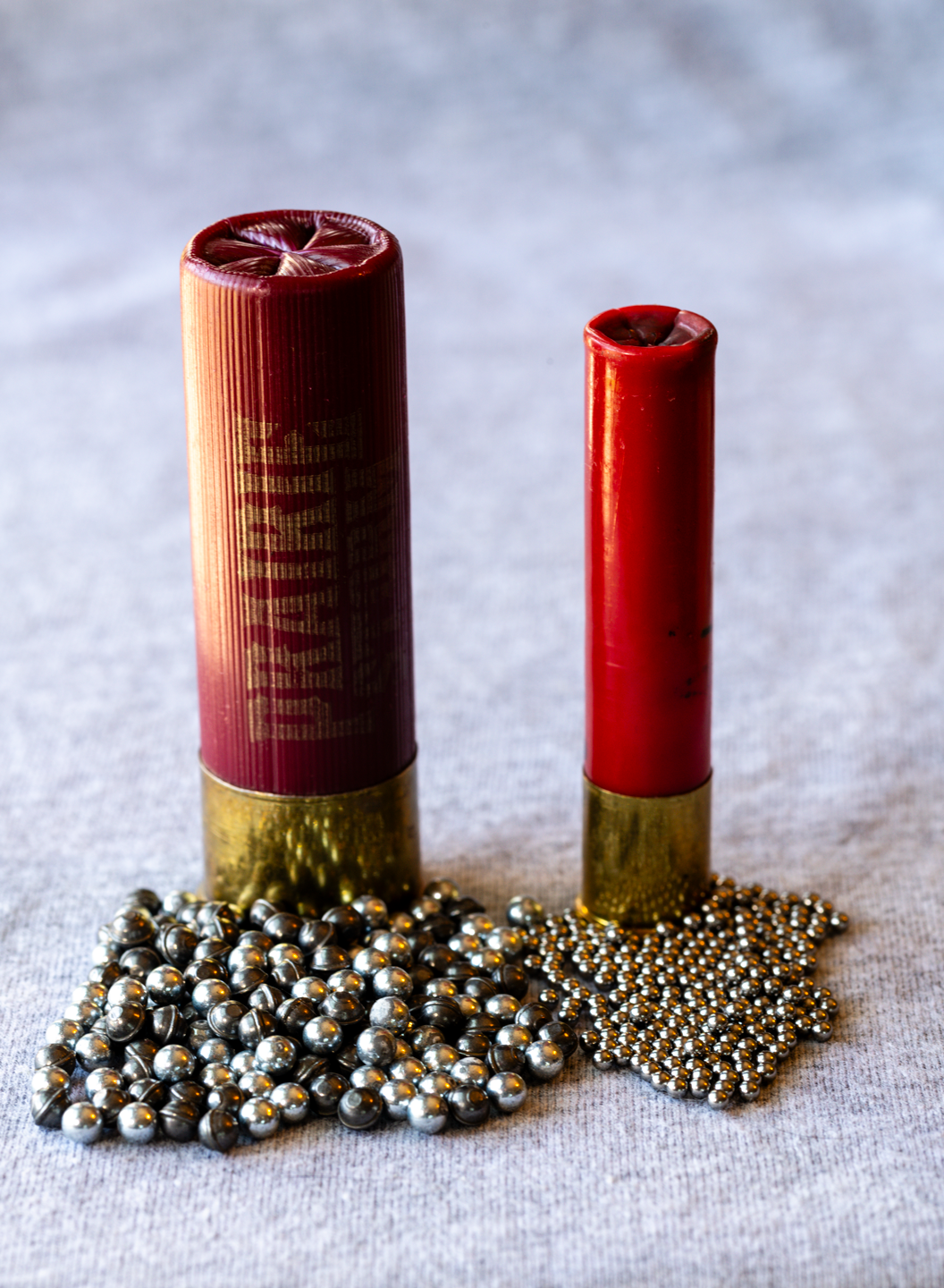 Greg’s .410-gauge No. 9 tungsten reloads (right) pack a similar punch to 12-gauge, 3-inch No. 3 steel shells (left).