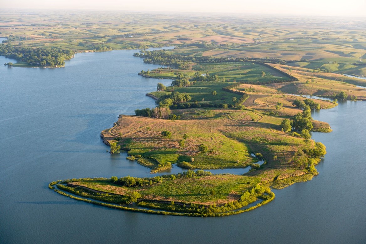 Aerial view of Sherman Reservoir. Photo by Eric Fowler, Nebraskaland Magazine.