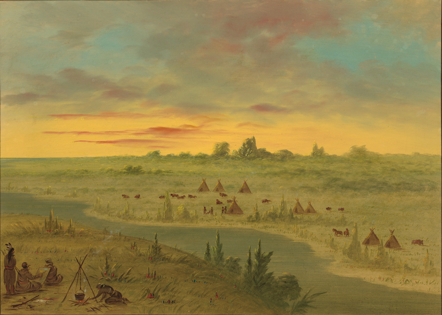 Catlin, George. "Encampment of Pawnee Indians at Sunset." 1861-1869. Oil on paperboard. 18½ x 24¾ in. Paul Mellon Collection.