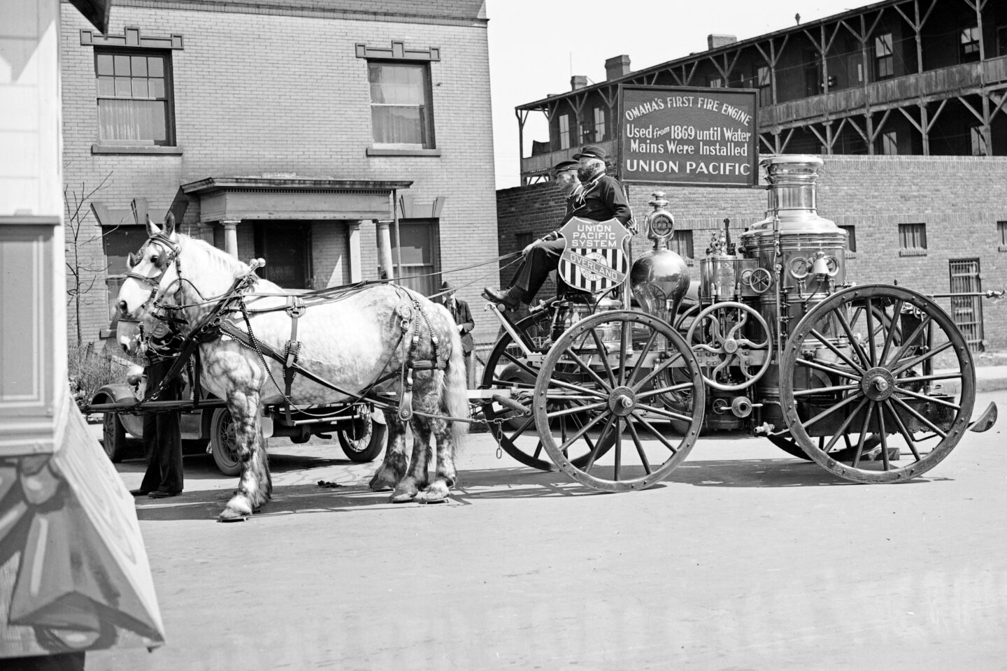 “Omaha’s First Fire Engine” was brought out for a parade during the 1939 Golden Spike Days celebration. The event celebrated the world premiere of Cecil B. DeMille’s film “Union Pacific.”
