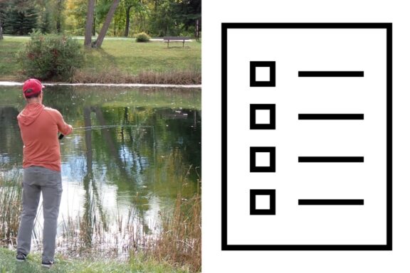 Shoreline angler and a survey form. Photo by Daryl Bauer, Nebraska Game & Parks Commission.