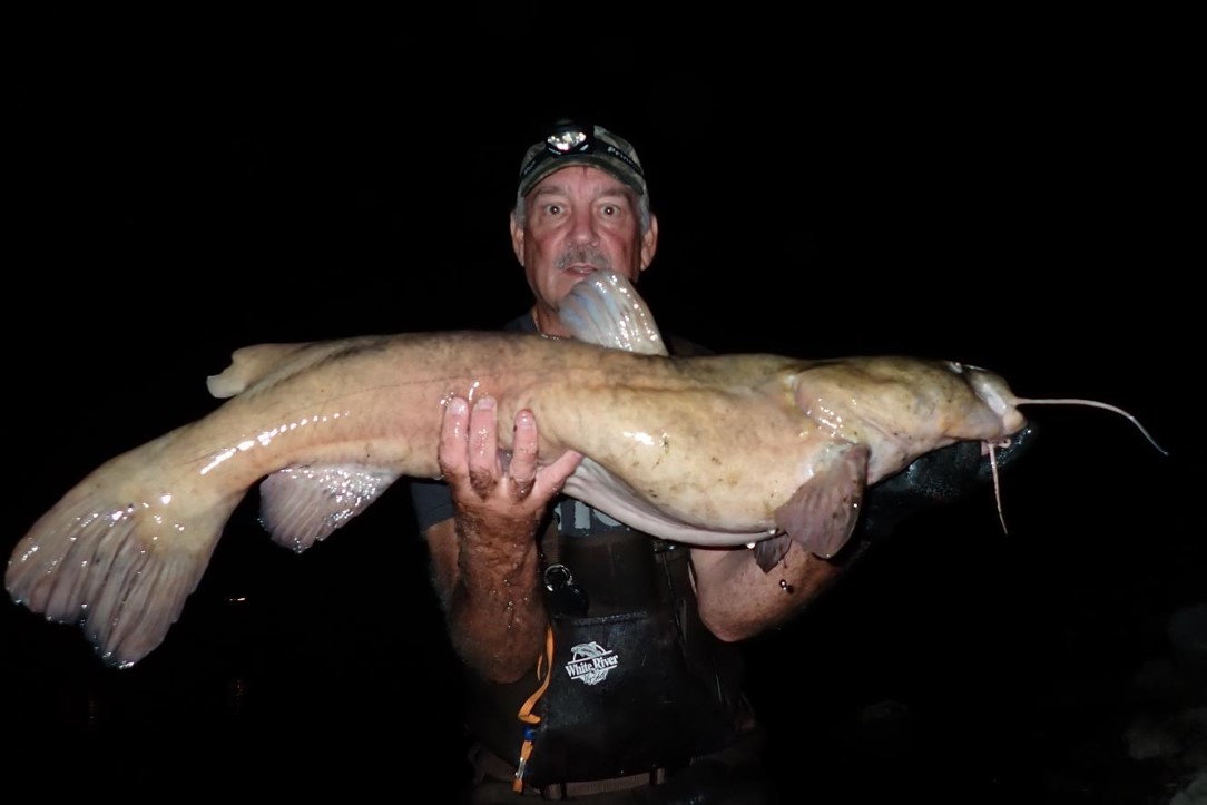 Angler holding flathead catfish.  Photo by Daryl Bauer, Nebraska Game & Parks Commission.