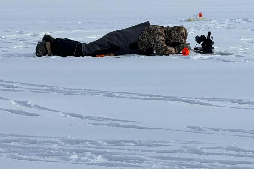 Angler laying on ice, peering down ice hole.  Photo by Emily Brown.