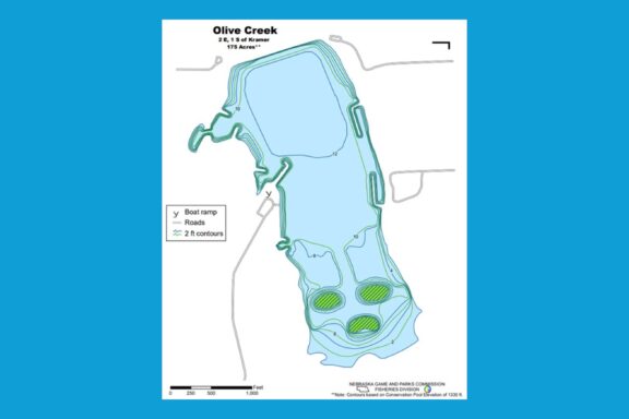 Contour map of Olive Creek Reservoir. Nebraska Game & Parks Commission