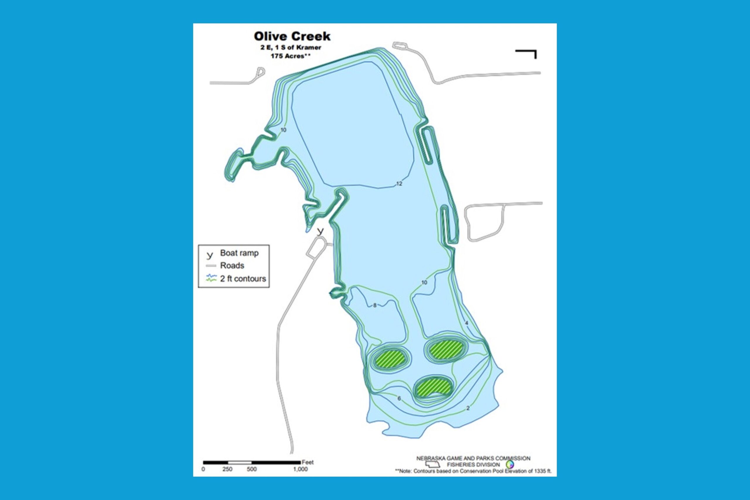 Contour map of Olive Creek Reservoir.  Nebraska Game & Parks Commission