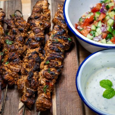 Turkey kabobs seasoned with a North African chili paste.