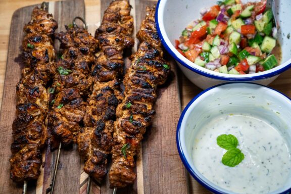 Turkey kabobs seasoned with a North African chili paste.