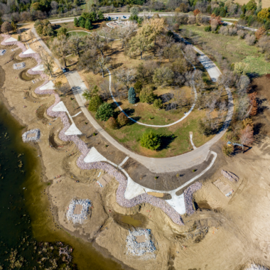 Nine fishing points and an accessible fishing pier and sidewalk built on the north side of Standing Bear Lake in Omaha improved angler access. Rock shoals and other structures, now concealed by water, will improve fish habitat.