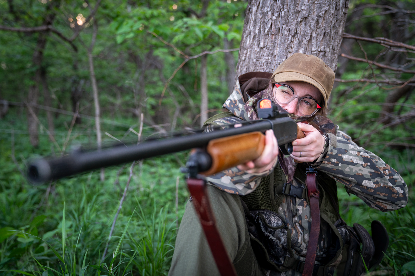 Jillian Sparks practices her aim and identifies her shooting angles before a hunt.