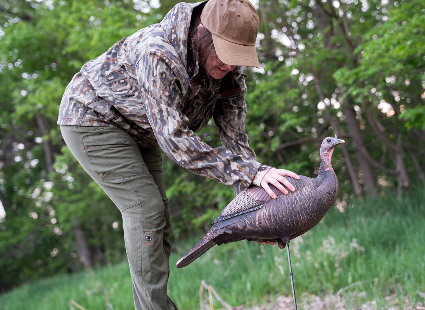 Jillian Sparks quickly sets up a hen decoy as a gobbling tom approaches quickly from the woods behind her.