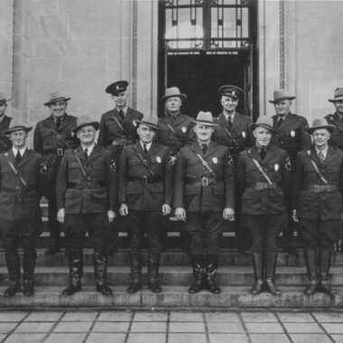 1938 group photo of Nebraska conservation officers in new uniform.