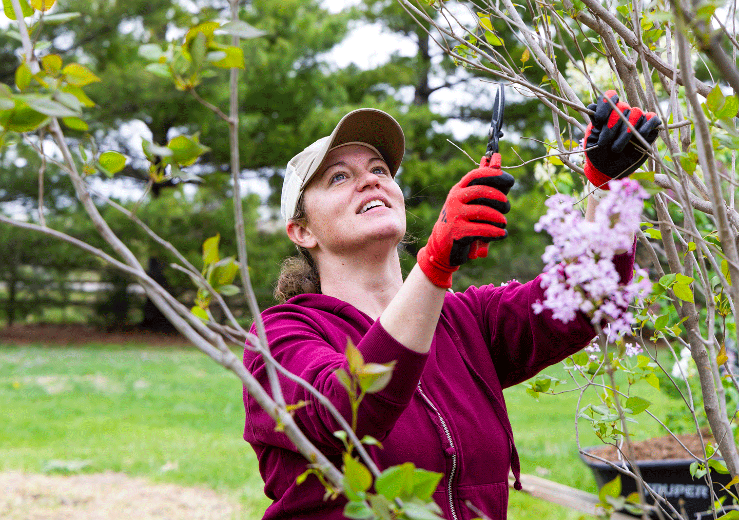 A woman wearing gardening gloves holds pruning sheers