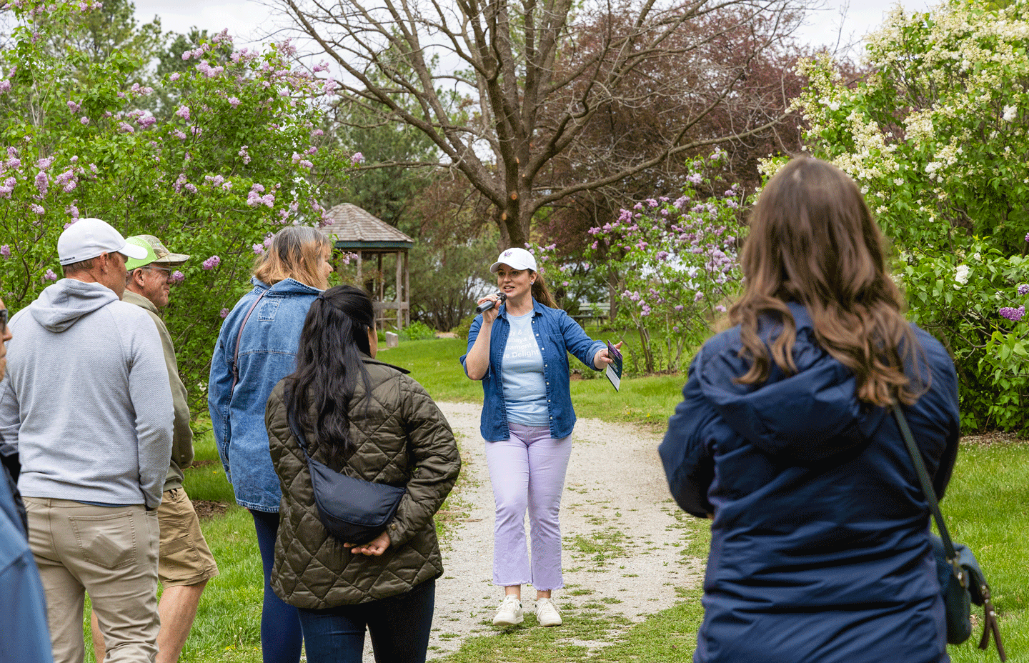 A woman holding a microphone stands on a lilac path
