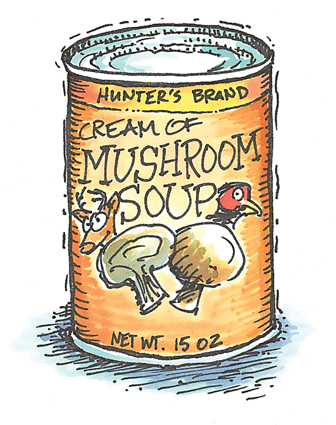 Illustration of a can of cream of mushroom soup.