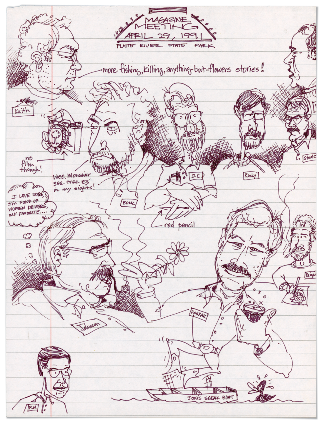 Reigert's sketches of magazine staff members during meetings.