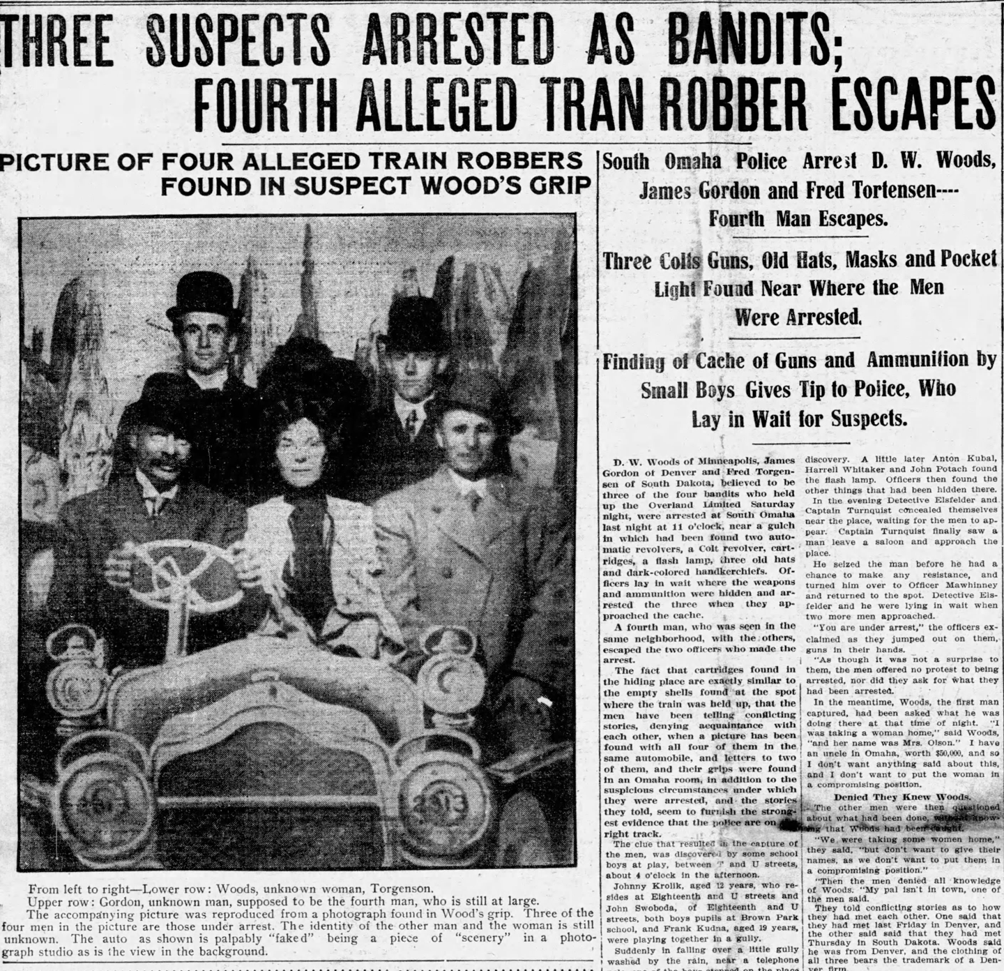 A studio photo (with an auto cutout and fake scenery) helped investigators identify the suspects and pressure Lillian Stevenson (center) into testifying against the others. Evening World-Herald, May 28, 1909.
