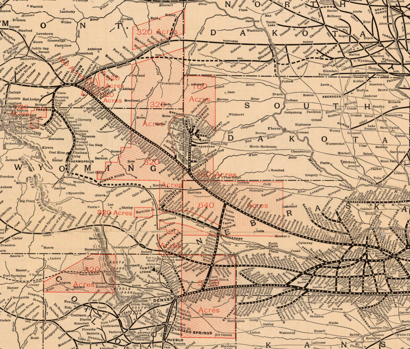 Detail of a map from a 1912 brochure, free government lands in Nebraska, Colorado, Wyoming, Montana and South Dakota along the Burlington Route. Red areas show regions eligible for the Kinkaid Act (640 acres) and the Enlarged Homestead Act (320 acres). NSHS M78 1912 B961H.