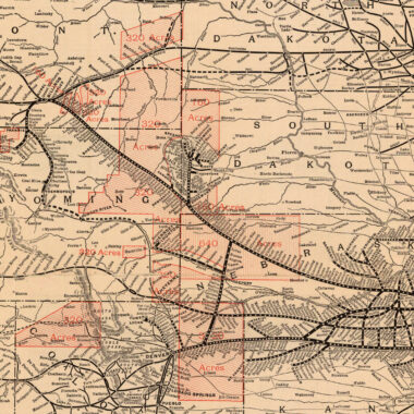 Detail of a map from a 1912 brochure, free government lands in Nebraska, Colorado, Wyoming, Montana and South Dakota along the Burlington Route. Red areas show regions eligible for the Kinkaid Act (640 acres) and the Enlarged Homestead Act (320 acres). NSHS M78 1912 B961H.