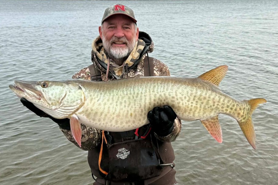 Angler holding muskellunge.