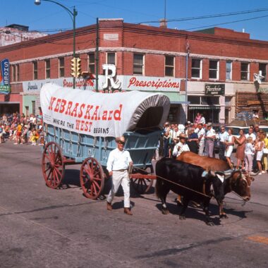 NEBRASKAland’s covered wagon is pulled by oxen “Neb” and “Raska” in a parade at the Wilber Czech Festival in Saline County.